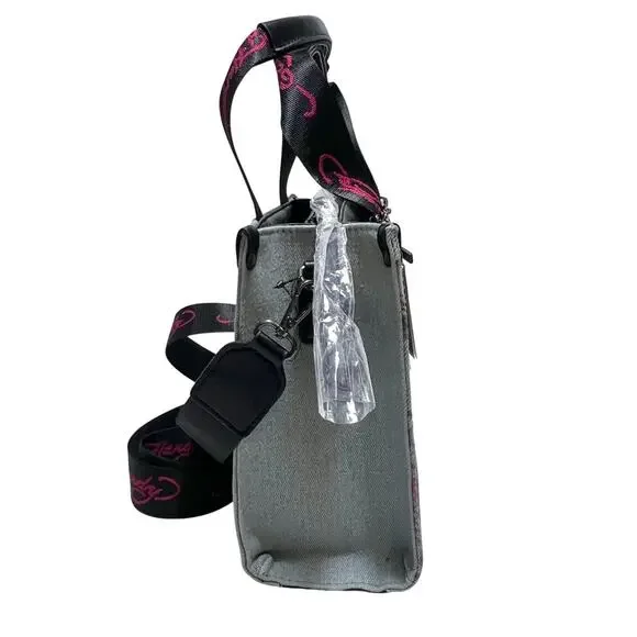 Ed Hardy Denim Tote Crossbody Satchel Bag Denim Pink Tattoo Skull Rhinestones - Picture 2 of 12